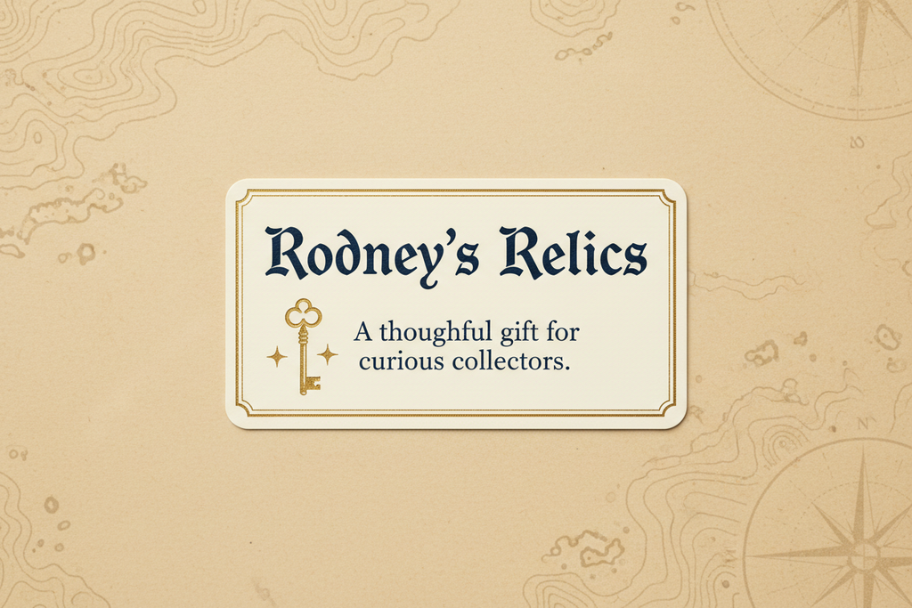 Rodney's Relics gift card with vintage key illustration