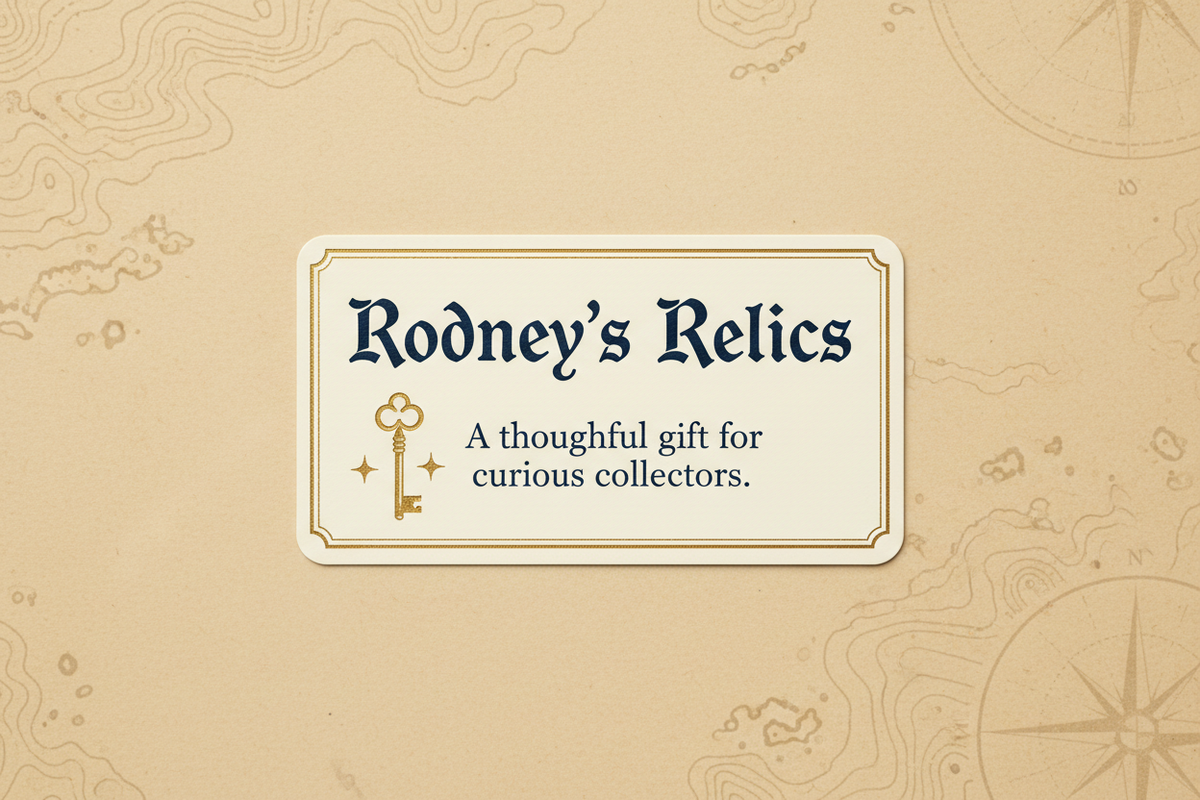 Rodney's Relics gift card with vintage key illustration